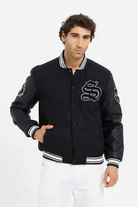 Men Black Baseball Bomber Jacket