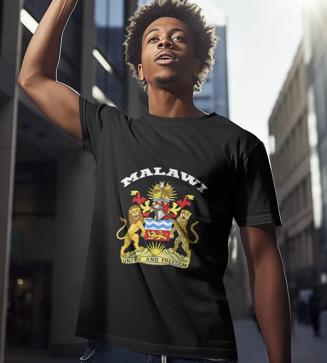 1sttheworld T-Shirt - Coat Of Arms Flag Souvenir Malawi's T-Shirt Black A35