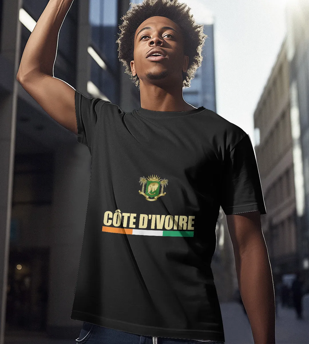 1sttheworld T-Shirt - Cote D'ivoire National Flag Ivory Coast Coat Of Arms T-Shirt Black A35