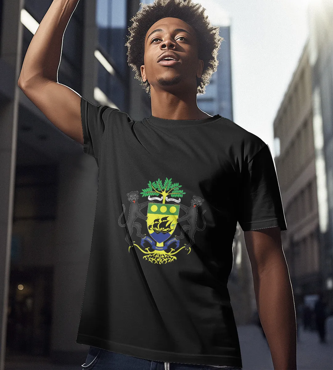 1sttheworld T-Shirt - Gabon Coat Of Arms Flag T-Shirt Black A35