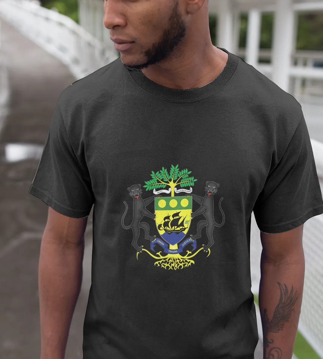 1sttheworld T-Shirt - Gabon Coat Of Arms Flag T-Shirt Black A35