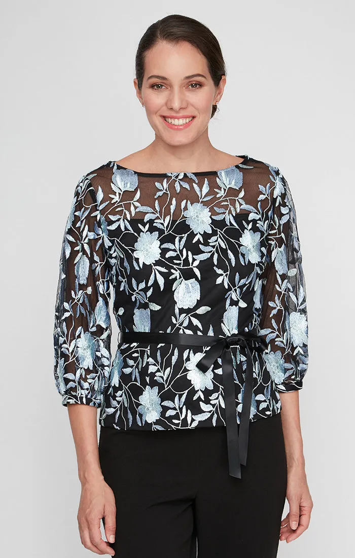 3/4 Sleeve Stretch Tulle Embroidered Blouse with Illusion Neckline, Illusion Sleeves and Tie Belt