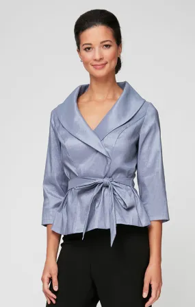 3/4 Sleeve Surplice Stretch Taffeta Blouse with Tie Waist Detail