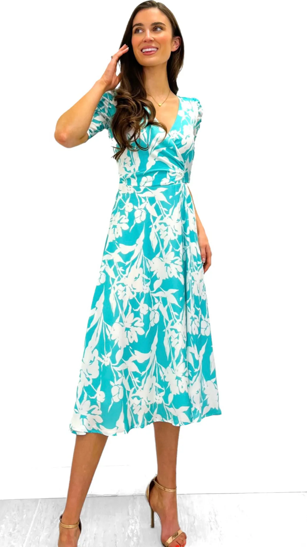 4-9596 Aqua Wrap Look Midi Dress