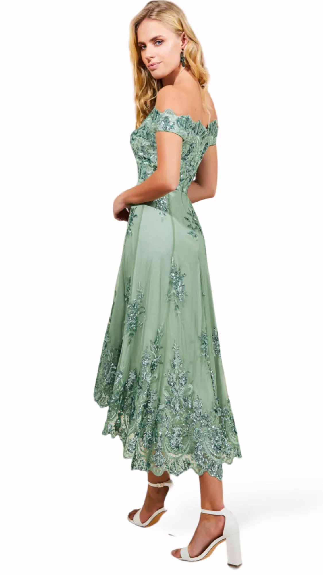 4-A1345HH Moster Sage Bardot Hi Lo Dress