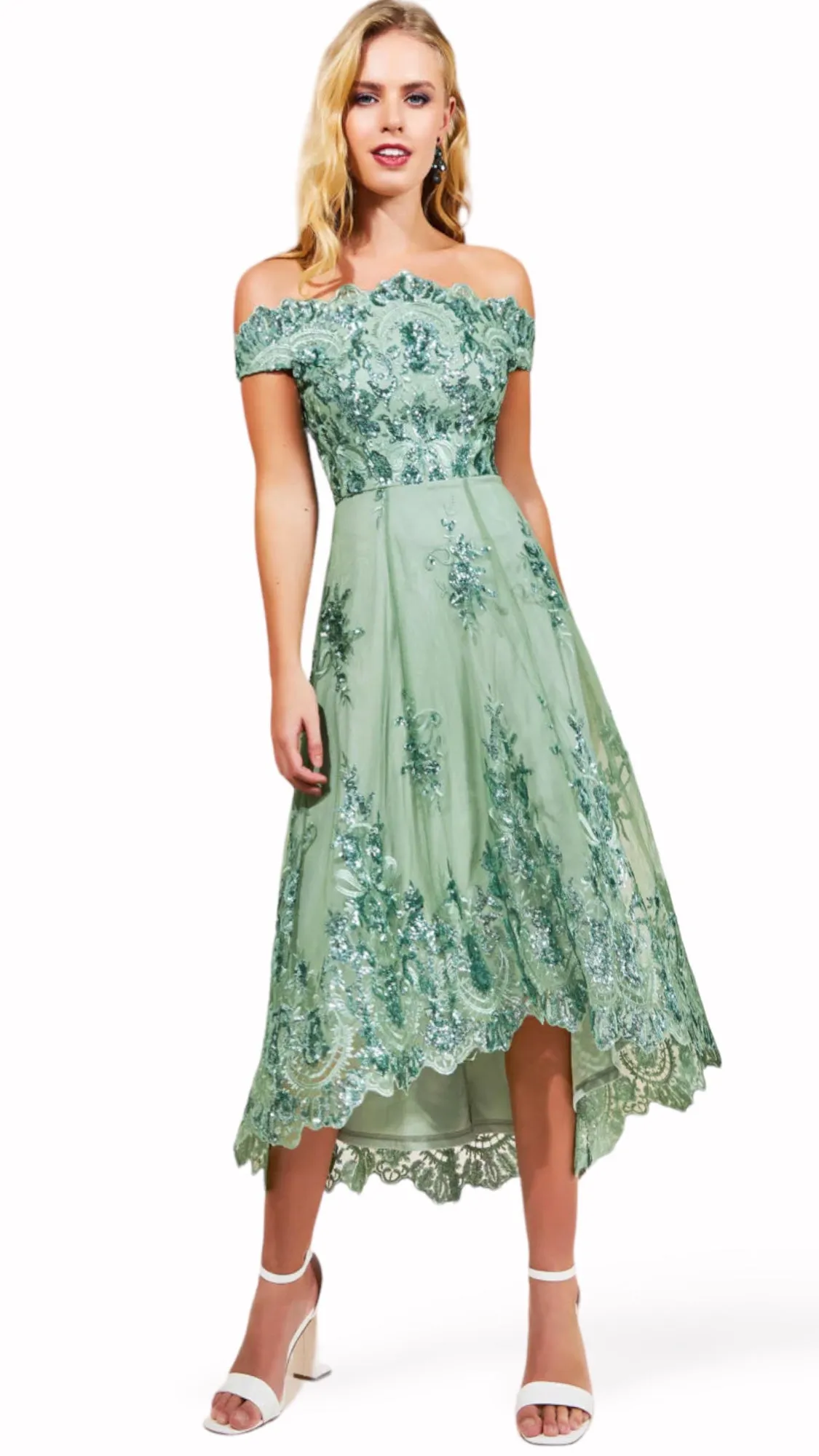 4-A1345HH Moster Sage Bardot Hi Lo Dress