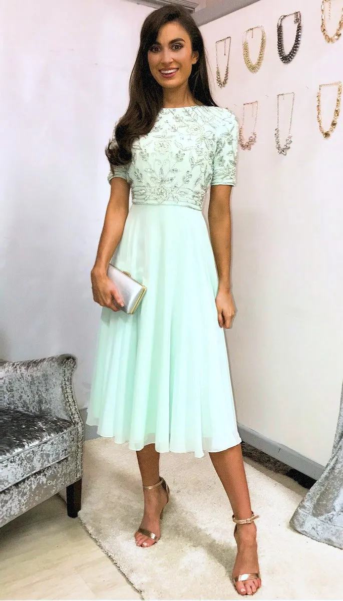 A1769GG Mint Embellished Flare Dress