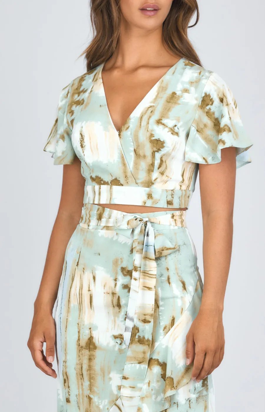 Abstract Printed Set With Wrap Top And Waterfall Hem Skirt