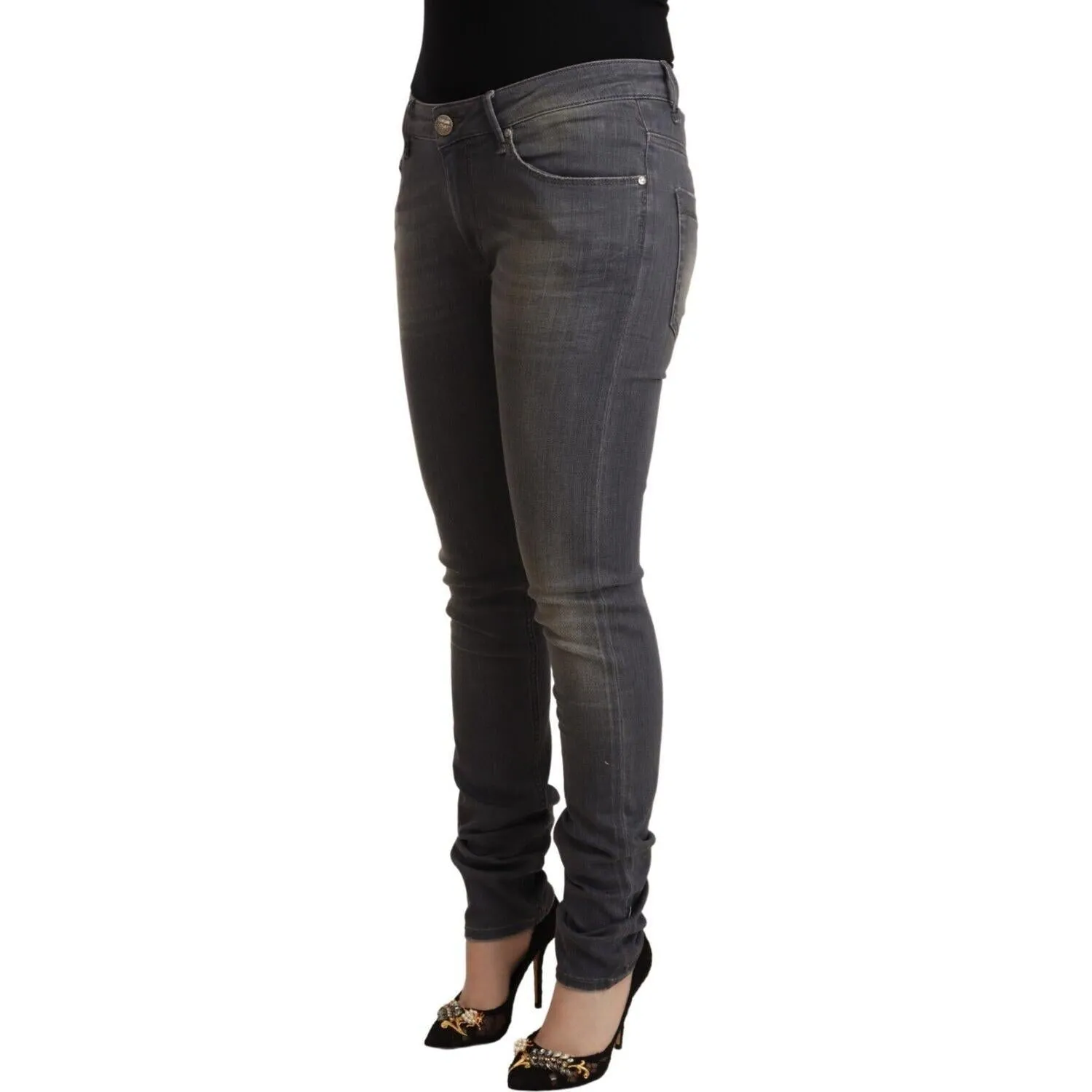 Acht Elegant Dark Gray Skinny Jeans - Low Waist Zip Closure