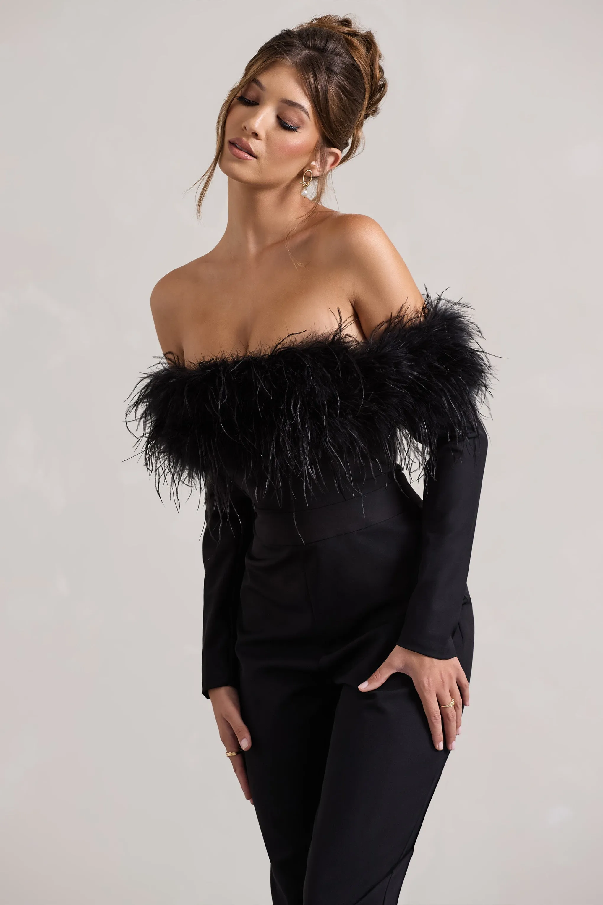 Ales | Black Bardot Tailored Straight-Leg Jumpsuit With Feather Trim