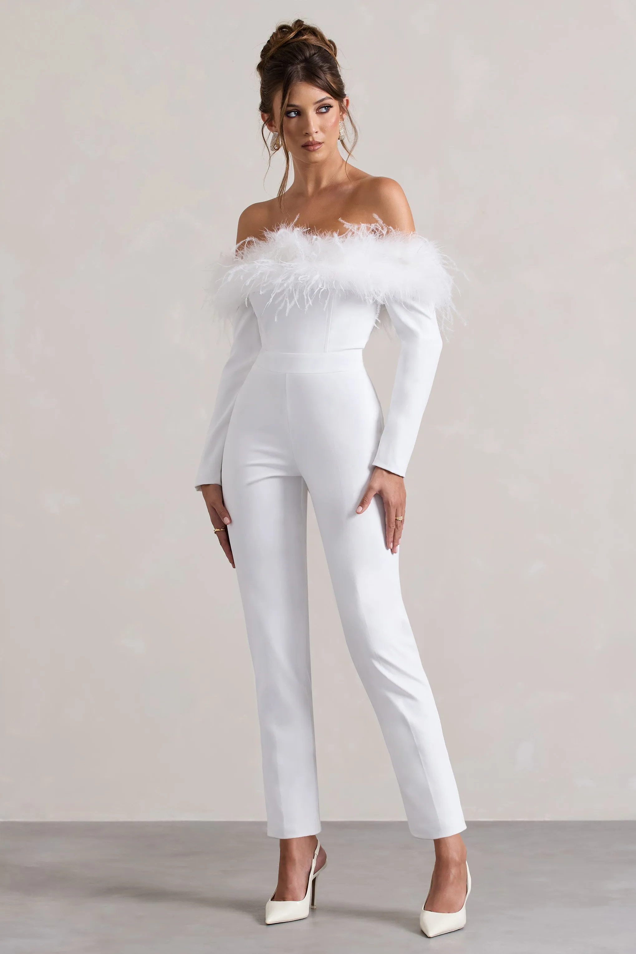 Ales | White Bardot Tailored Straight-Leg Jumpsuit With Feather Trim