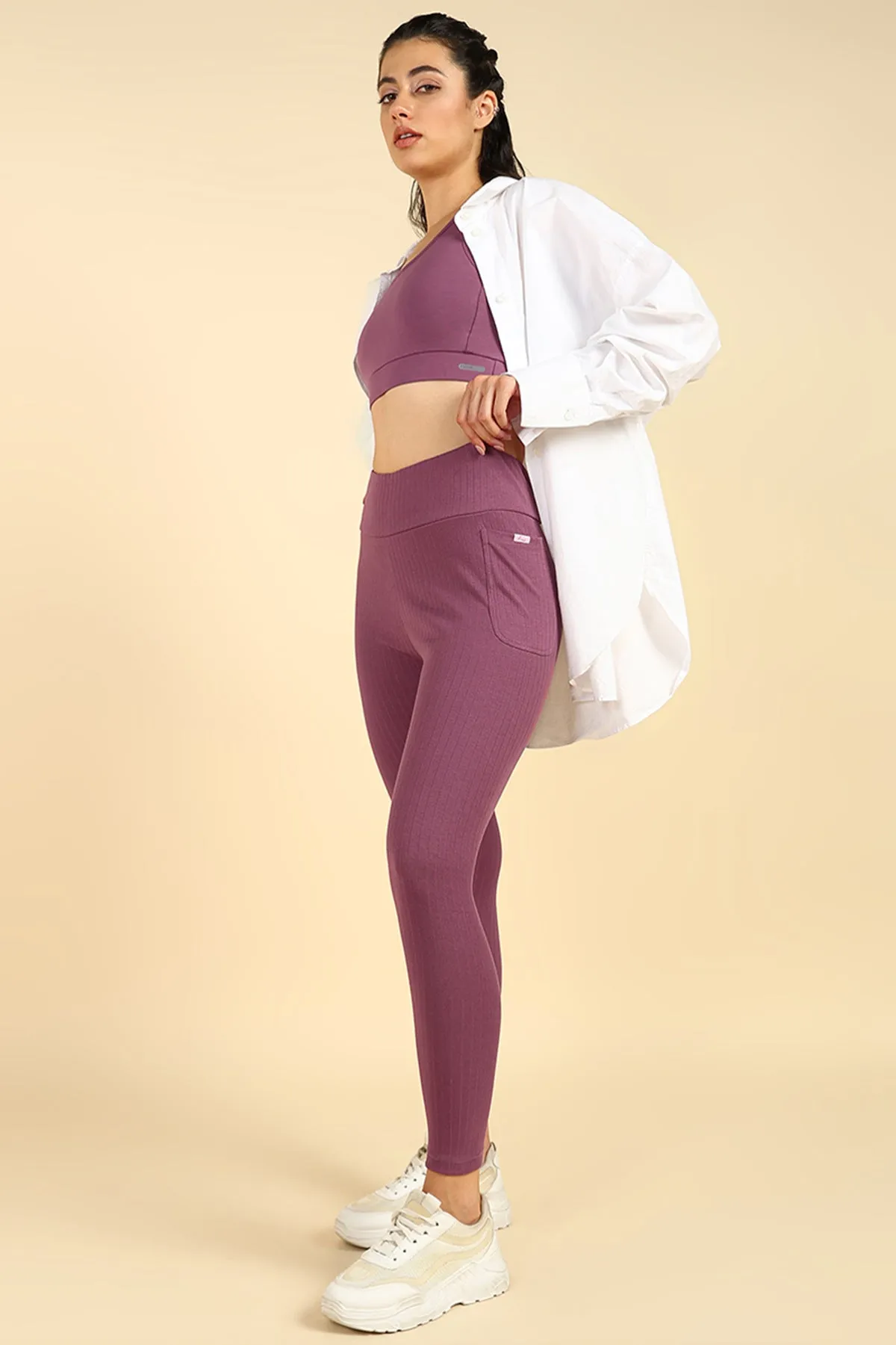 All Over Ribbed Cotton Rosewood Mom Legging