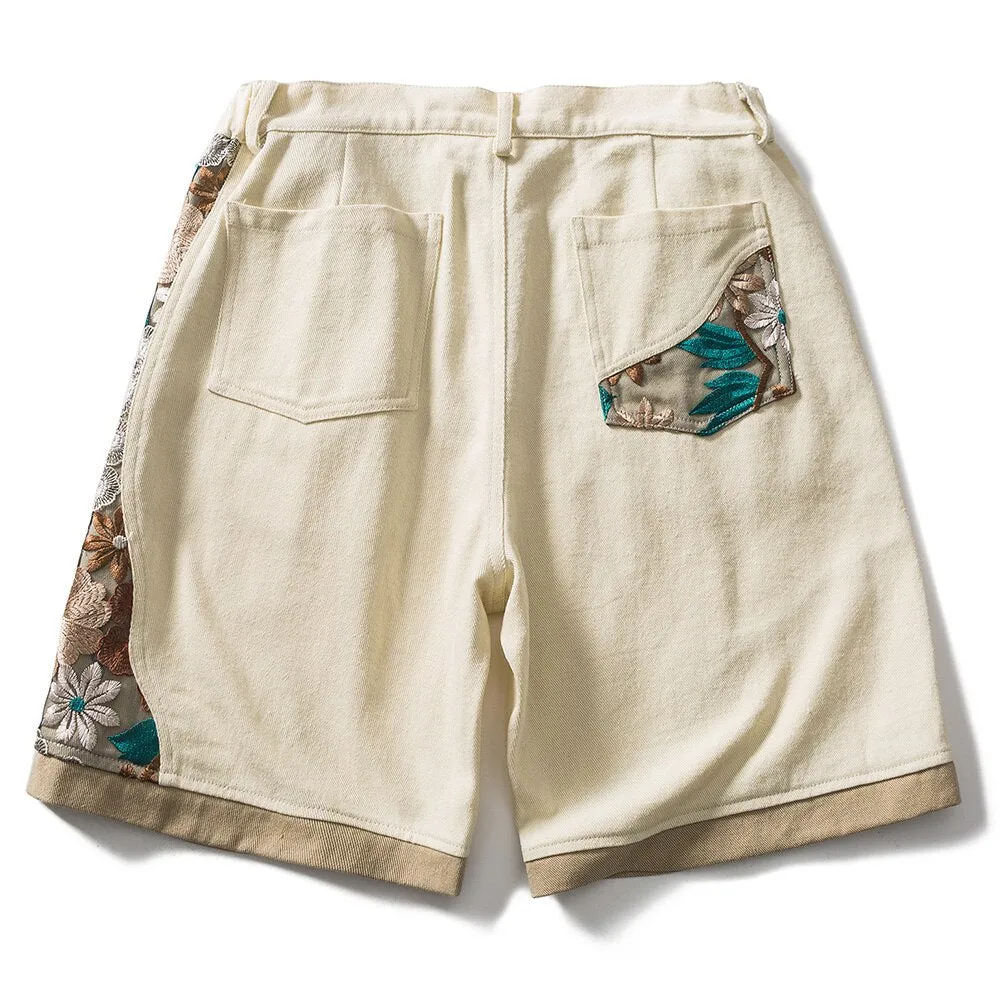 Aolamegs Men&#39;s Shorts Flower Embroidery Patchwork Retro Shorts Summer Cozy Sweatpants Male Fashion Streetwear Short Pants Unisex