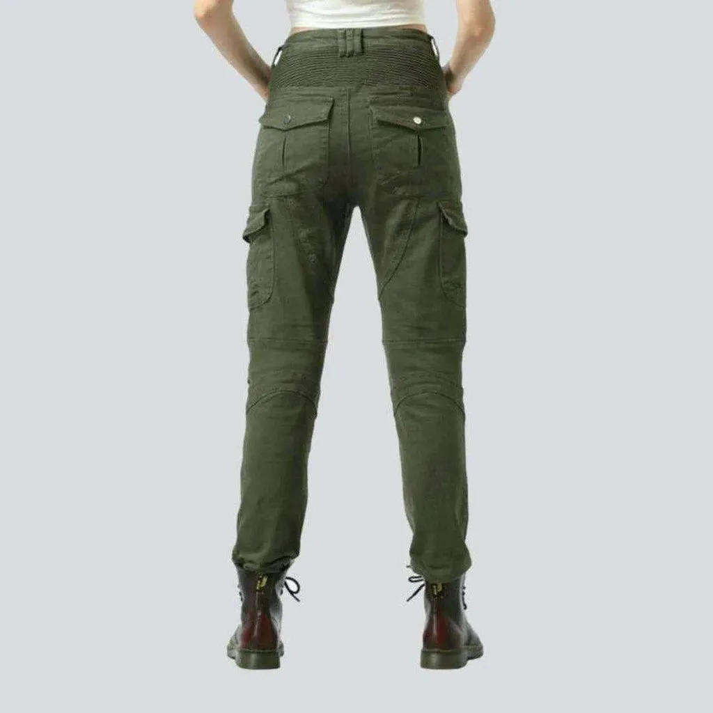 Army green women's biker jeans