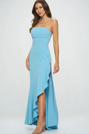 Baby Blue Strapless High Slit Ruffle Long Formal Dress