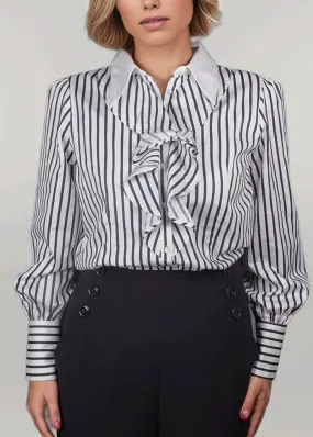 BELLE AMOUR - Striped Blouse With Jabot Collar by Ma Reine | 100% Cotton Satin (WHITE / NAVY)