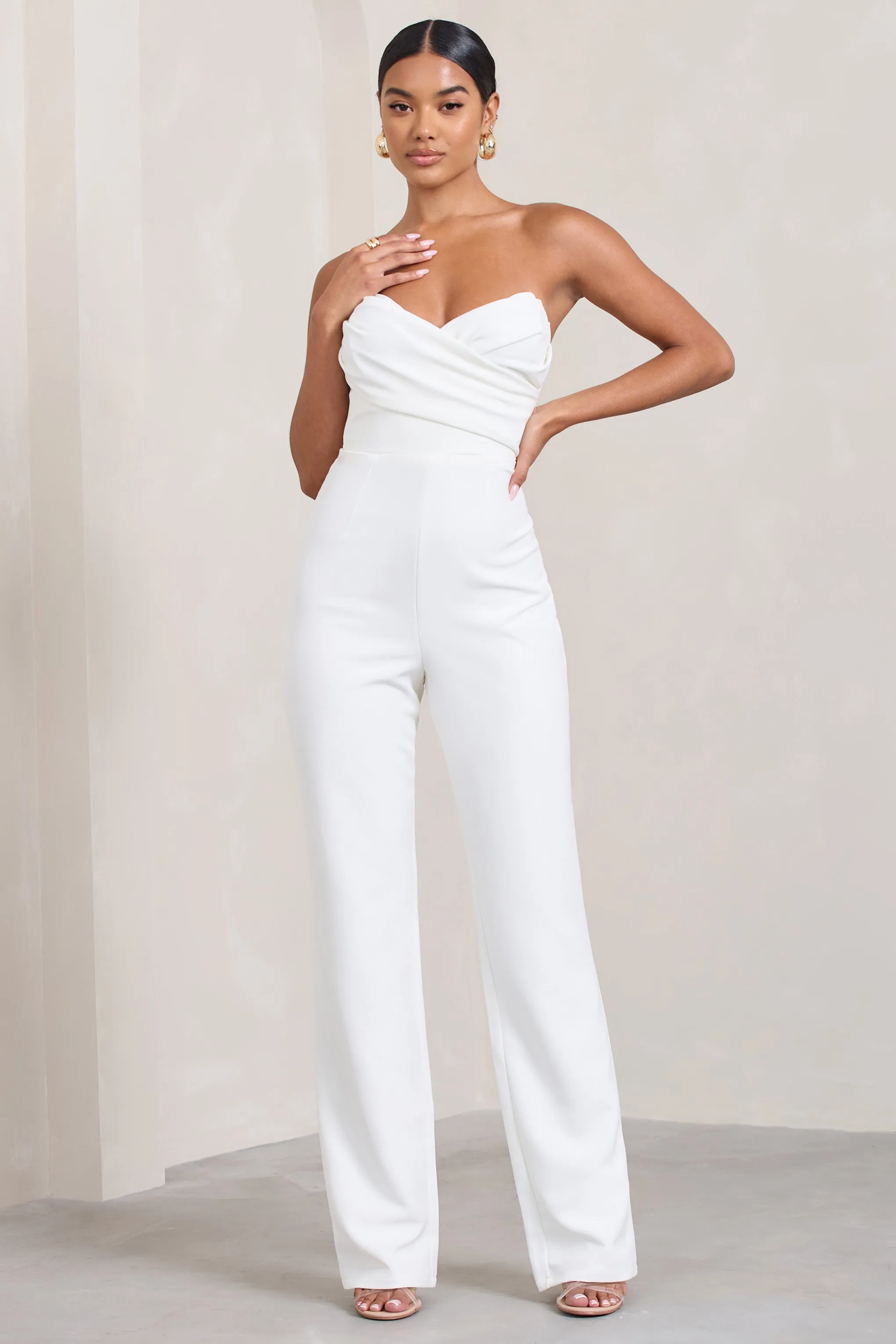 Bellezza | White Bandeau Corset Wide Leg Jumpsuit