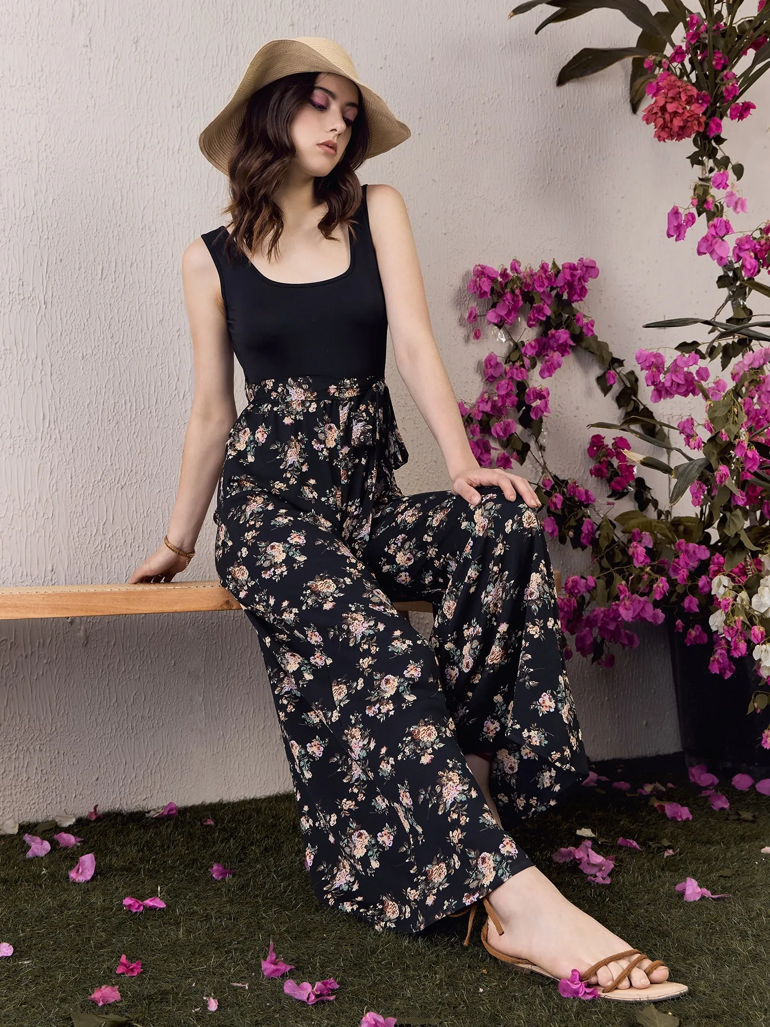 Berrylush Women Black & White Floral Printed Scoop Neck Sleeveless Tie-Up Waist Flared Maxi Culotte Jumpsuit