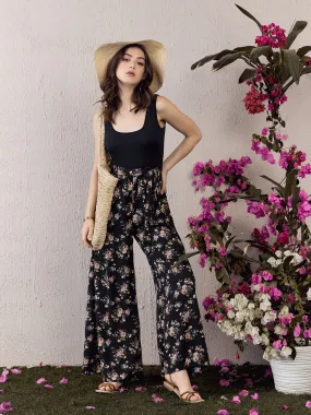 Berrylush Women Black & White Floral Printed Scoop Neck Sleeveless Tie-Up Waist Flared Maxi Culotte Jumpsuit