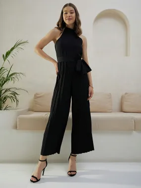 Berrylush Women Solid Black Halter Neck Sleeveless Waist Tie-Up Pleated Culotte Jumpsuit