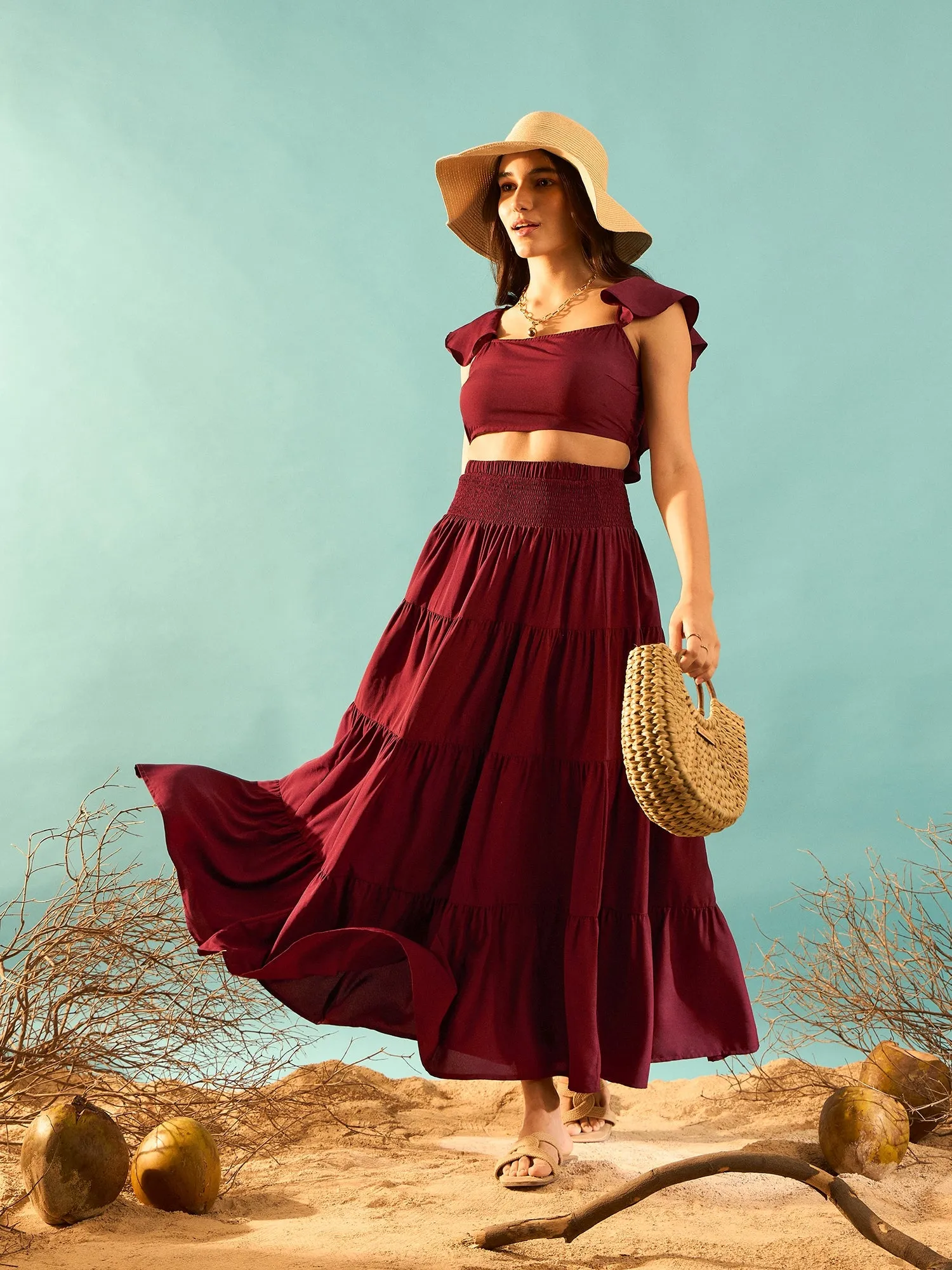 Berrylush Women Solid Maroon Square Neckline Cap Sleeves Cropped Top & Smocked Maxi Skirt Co-Ord Set