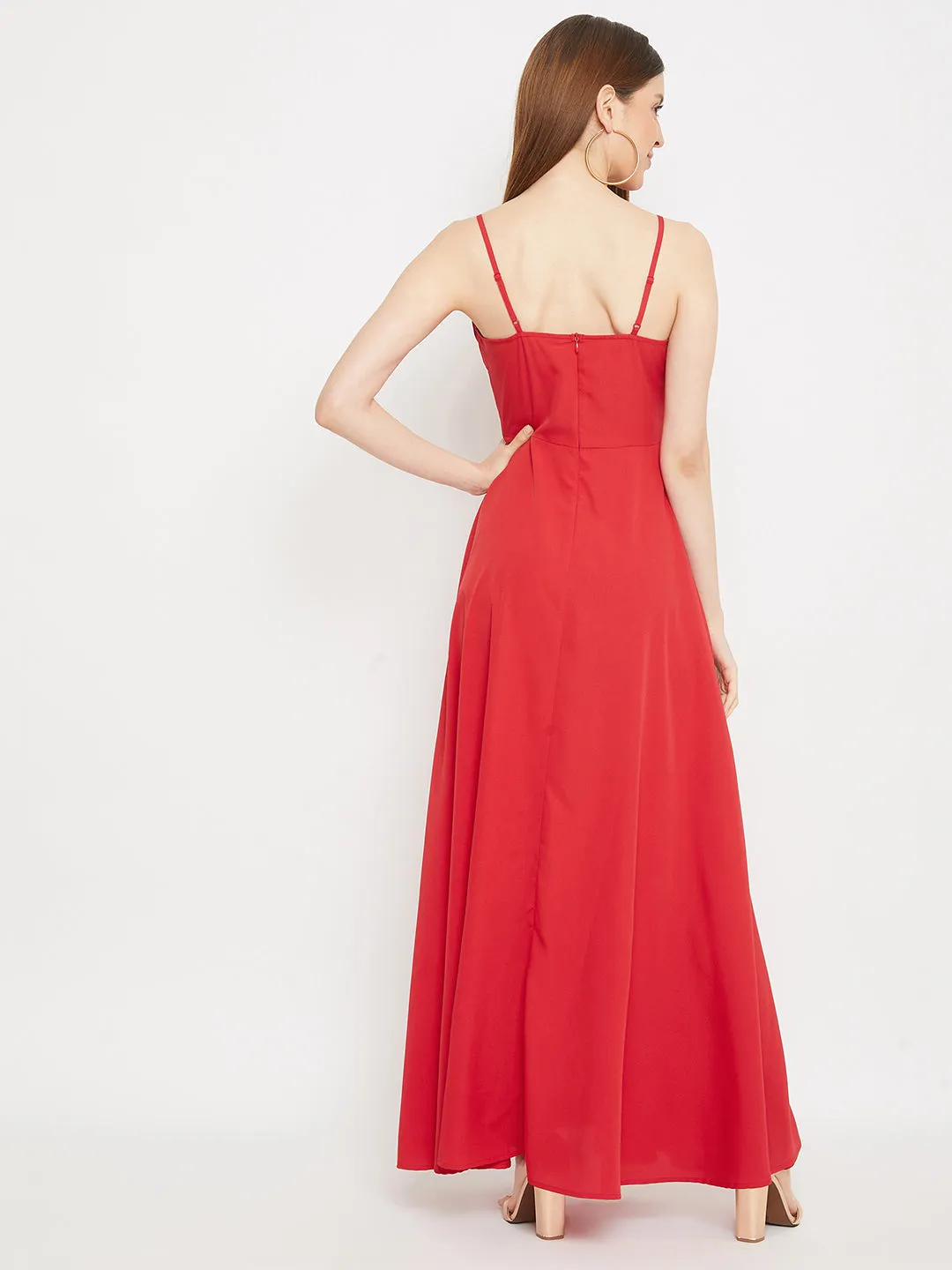 Berrylush Women Solid Red Pleated Bustier Maxi Dress