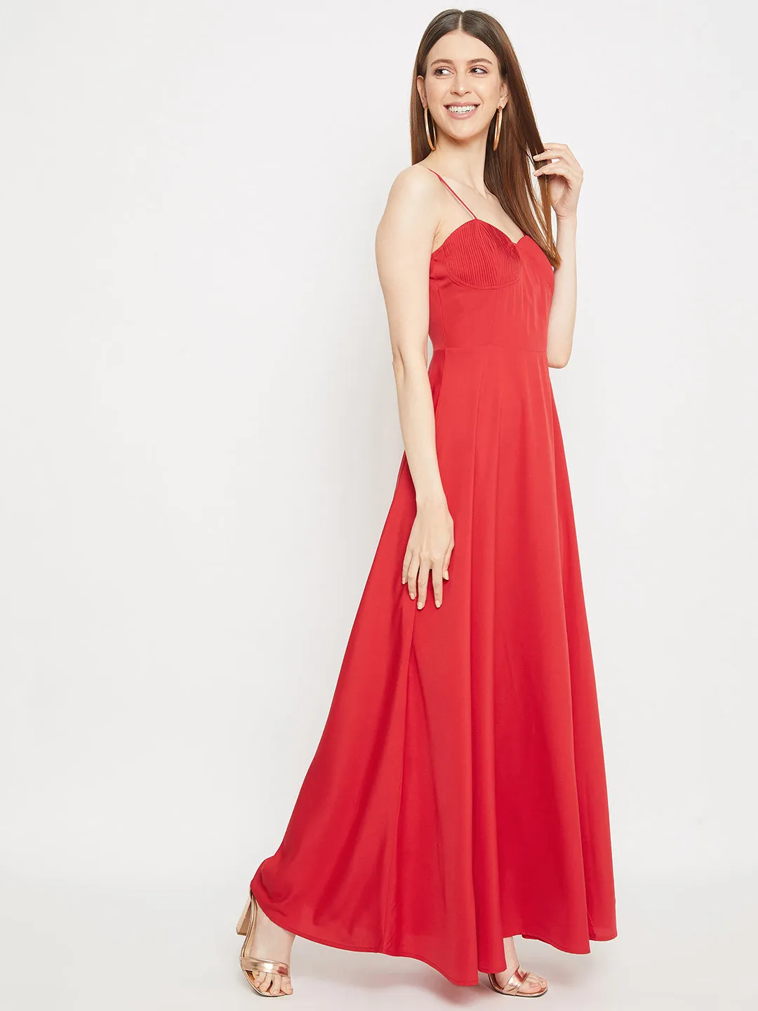 Berrylush Women Solid Red Pleated Bustier Maxi Dress