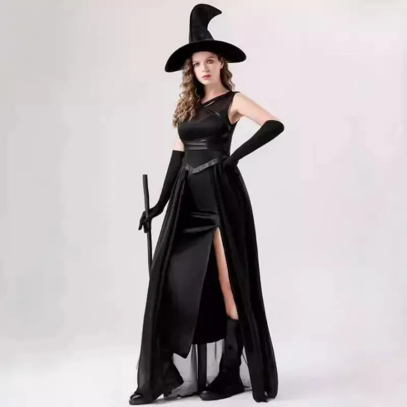 Black Hat Vampire Magic Wizard Witch Gothic Gown Gloves Cosplay Retro Attire