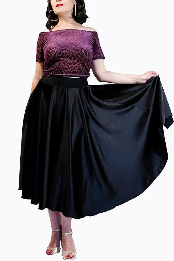 black satin full circle skirt with slits