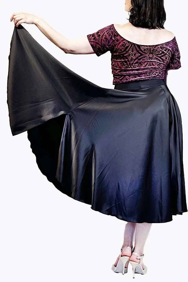 black satin full circle skirt with slits