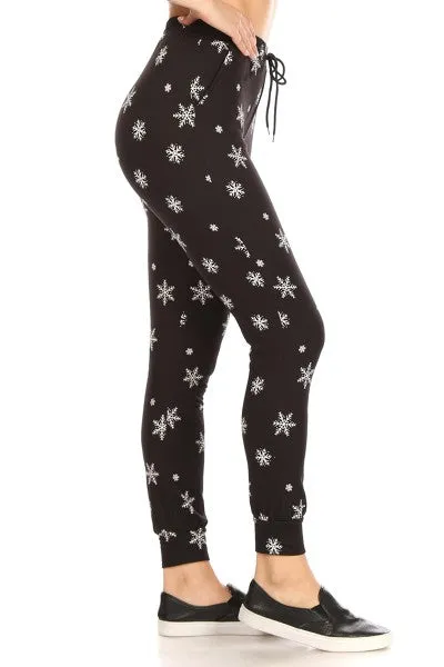 Black Snowflake Print Fleece Lined Soft Lounge Jogger Pants