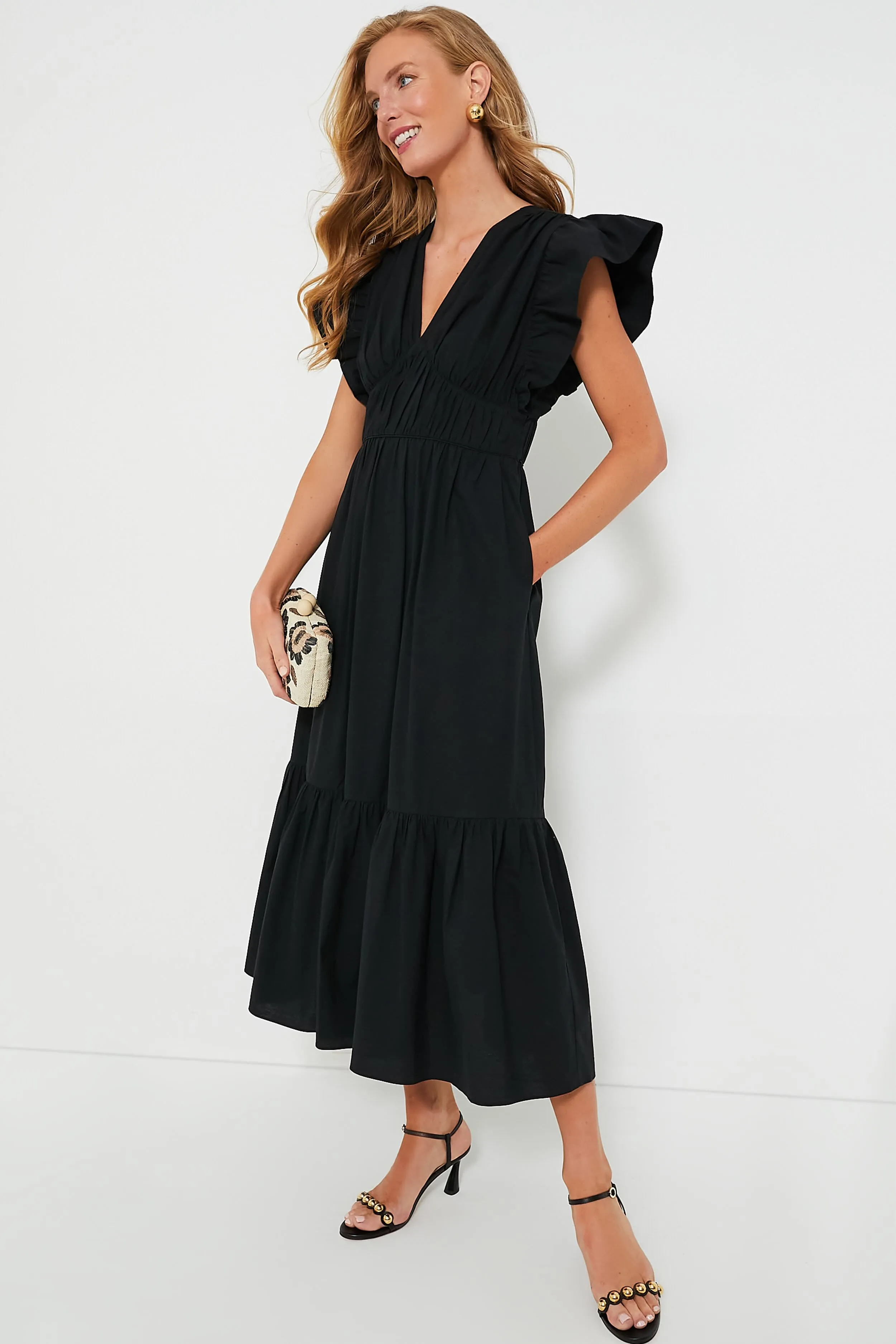 Black Sutton Flutter Sleeve Maxi Dress