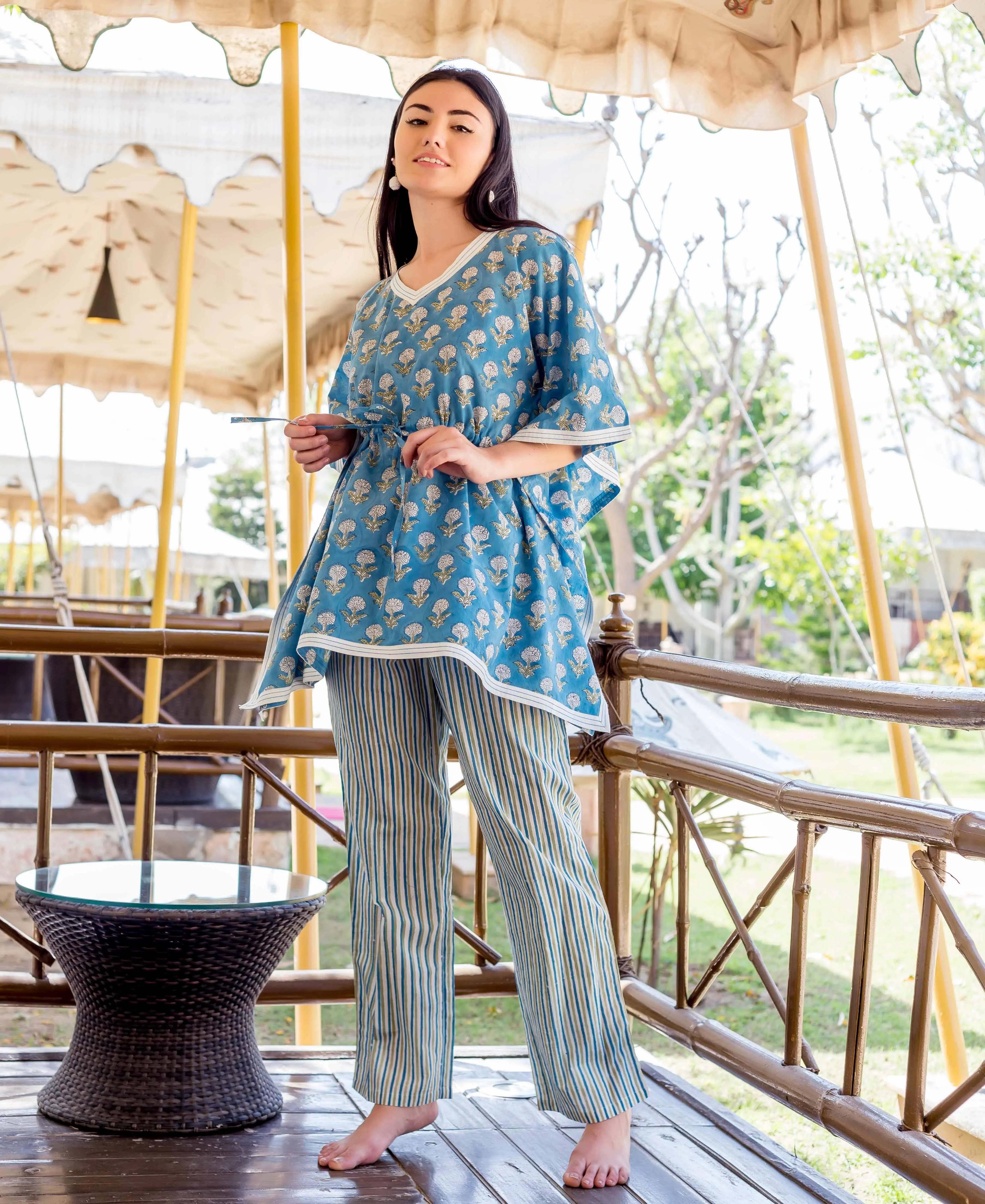 Blue Kaftan Style Top With Printed Trouser