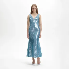 Blue Sequin V-Neck Maxi Dress