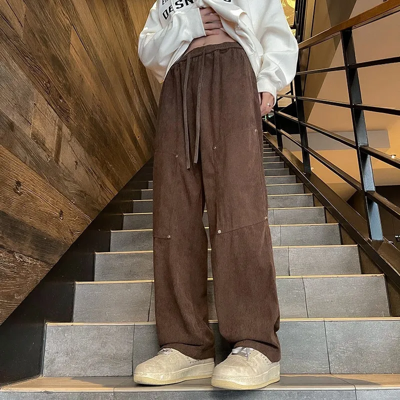 Bonsir men fall outfits casual American Retro Caramel Corduroy Pants Men's Autumn Belt Fixed Maillard Chenille Wide Leg Pants