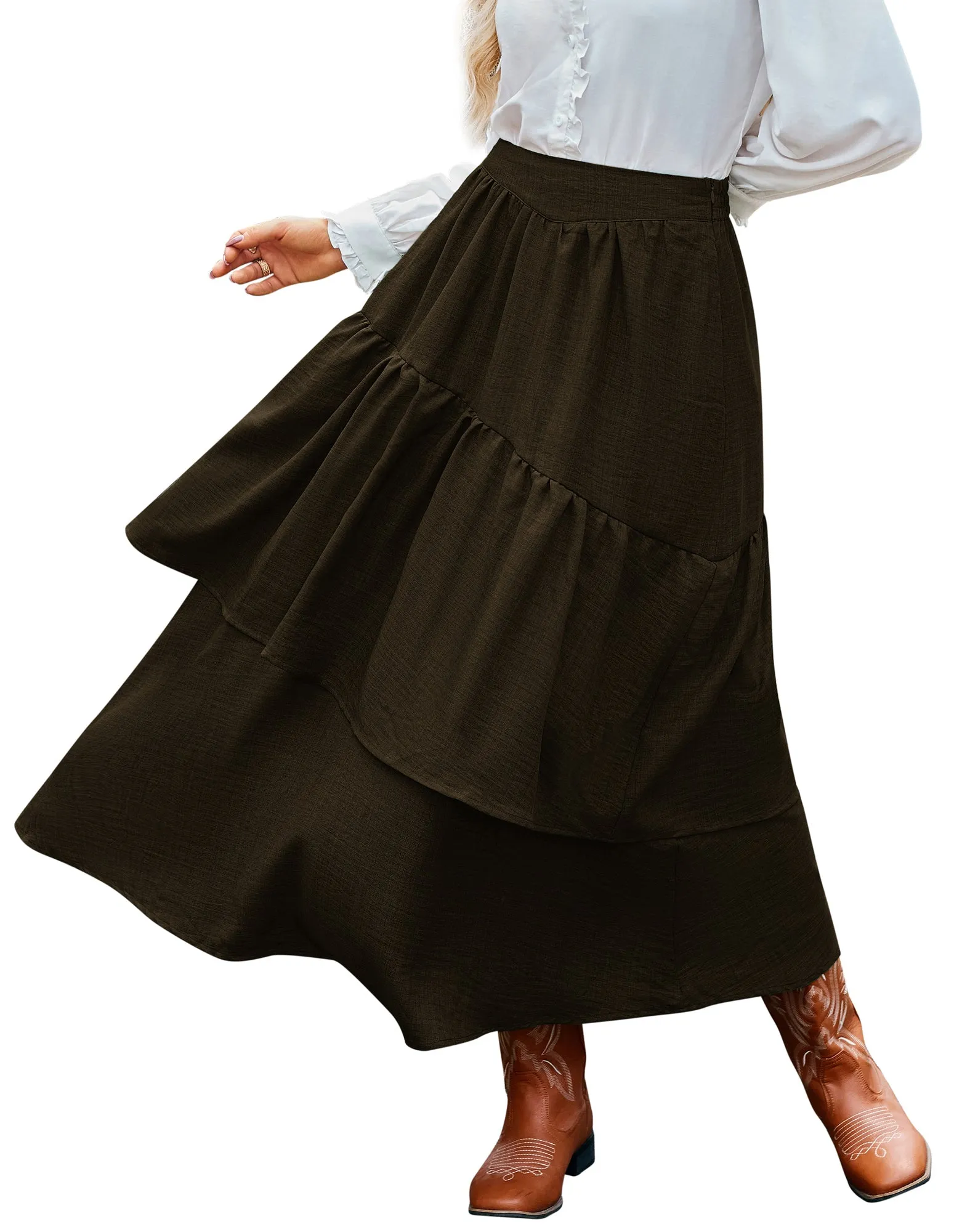 BP Women Vintage 2-Layer Swing Skirt Elastic High Waist Maxi Skirt