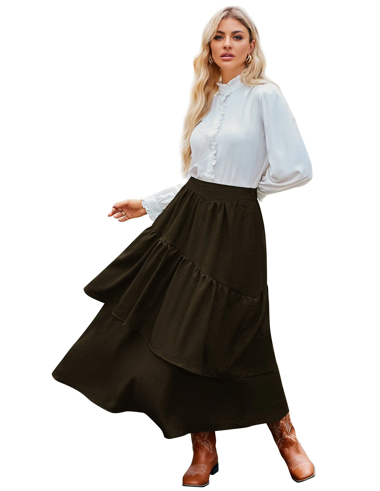 BP Women Vintage 2-Layer Swing Skirt Elastic High Waist Maxi Skirt