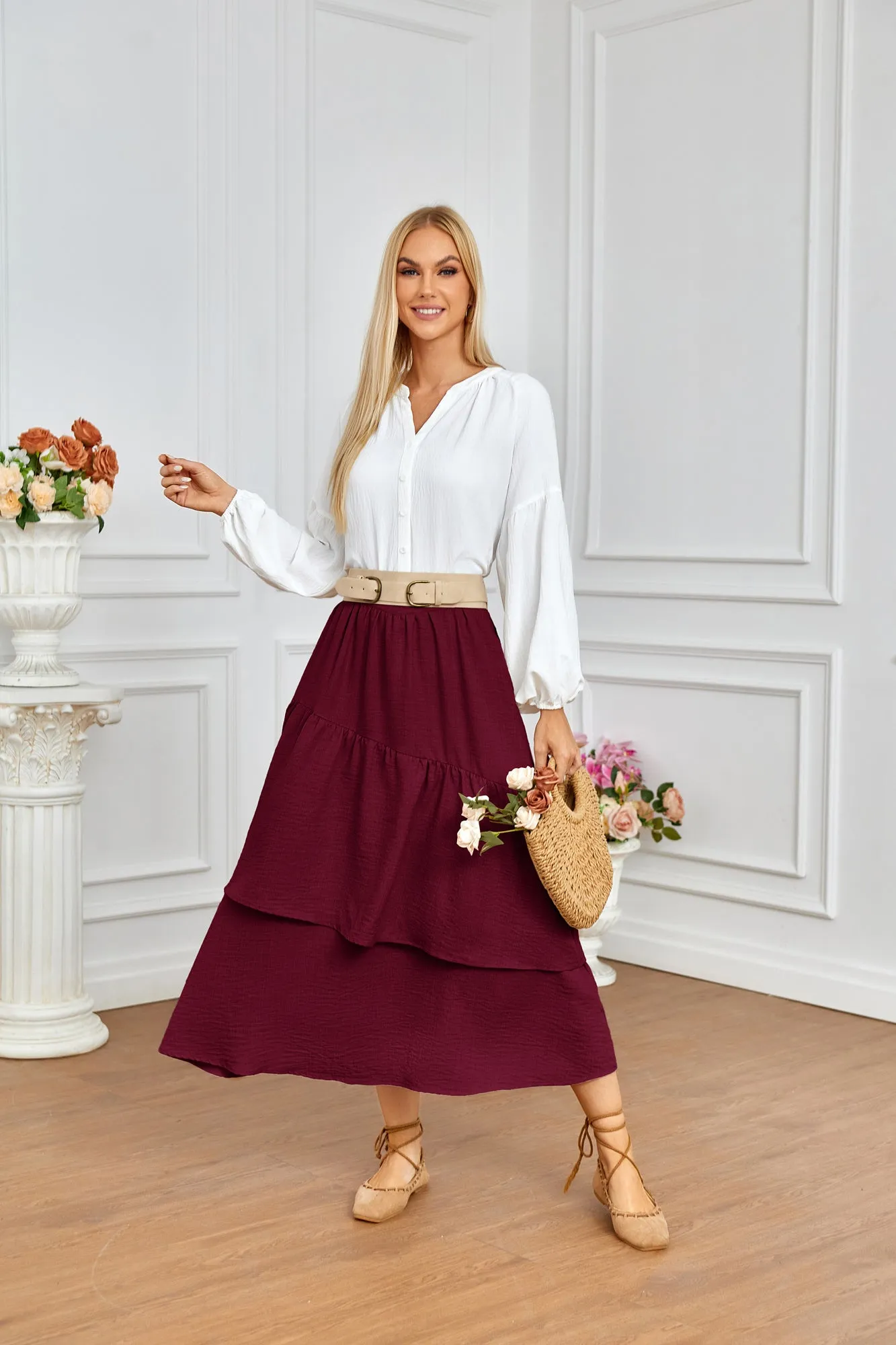 BP Women Vintage 2-Layer Swing Skirt Elastic High Waist Maxi Skirt