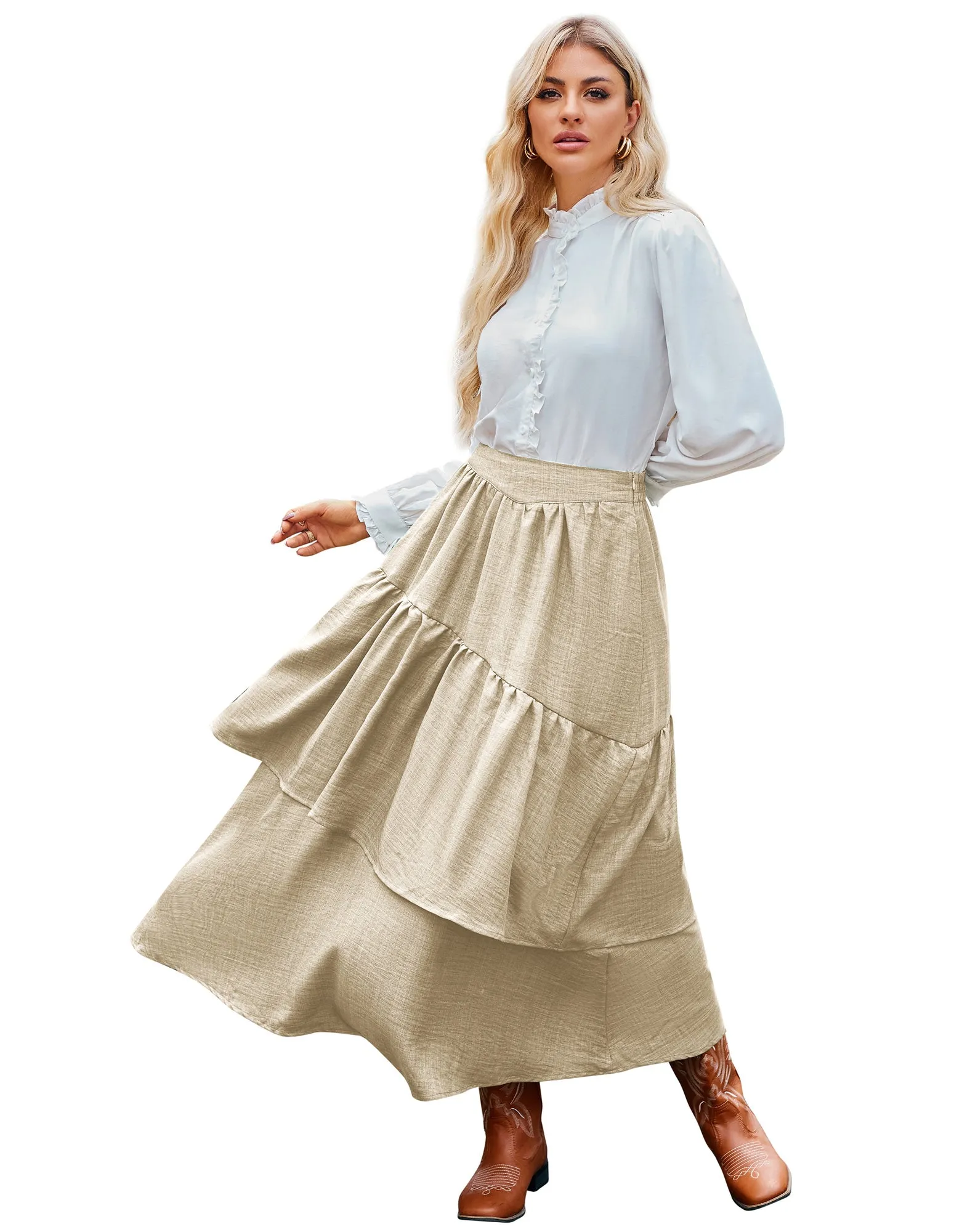 BP Women Vintage 2-Layer Swing Skirt Elastic High Waist Maxi Skirt