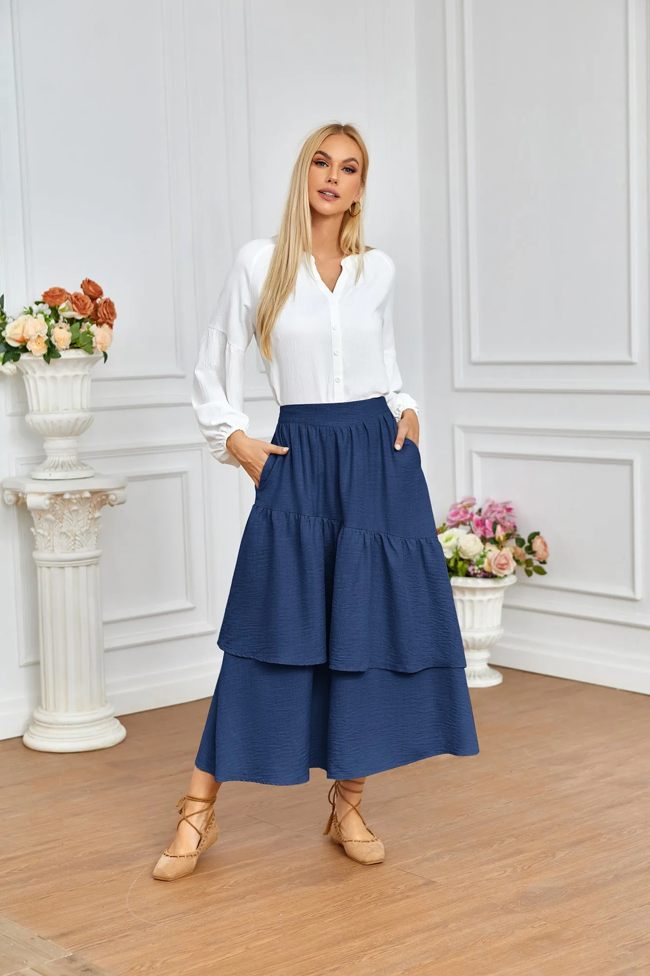 BP Women Vintage 2-Layer Swing Skirt Elastic High Waist Maxi Skirt