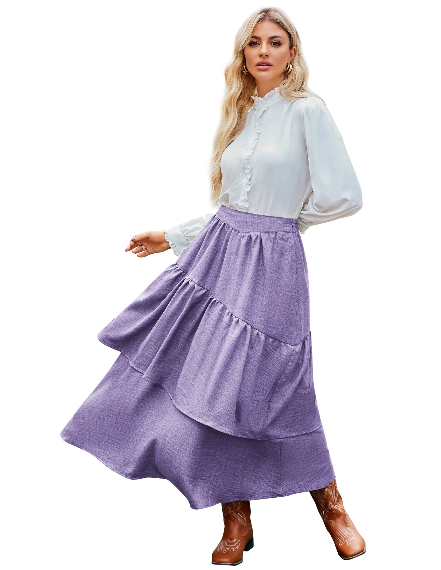 BP Women Vintage 2-Layer Swing Skirt Elastic High Waist Maxi Skirt