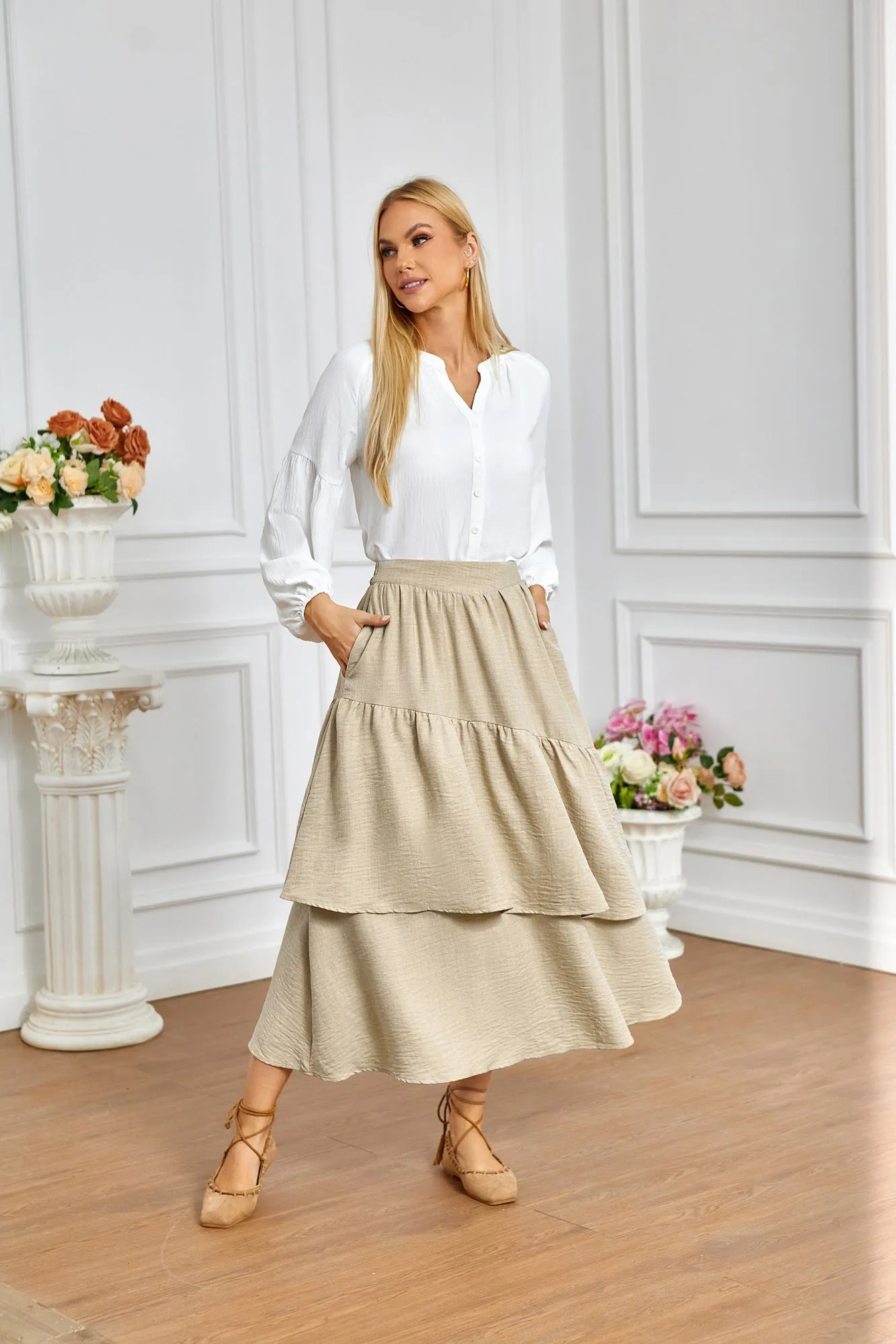 BP Women Vintage 2-Layer Swing Skirt Elastic High Waist Maxi Skirt