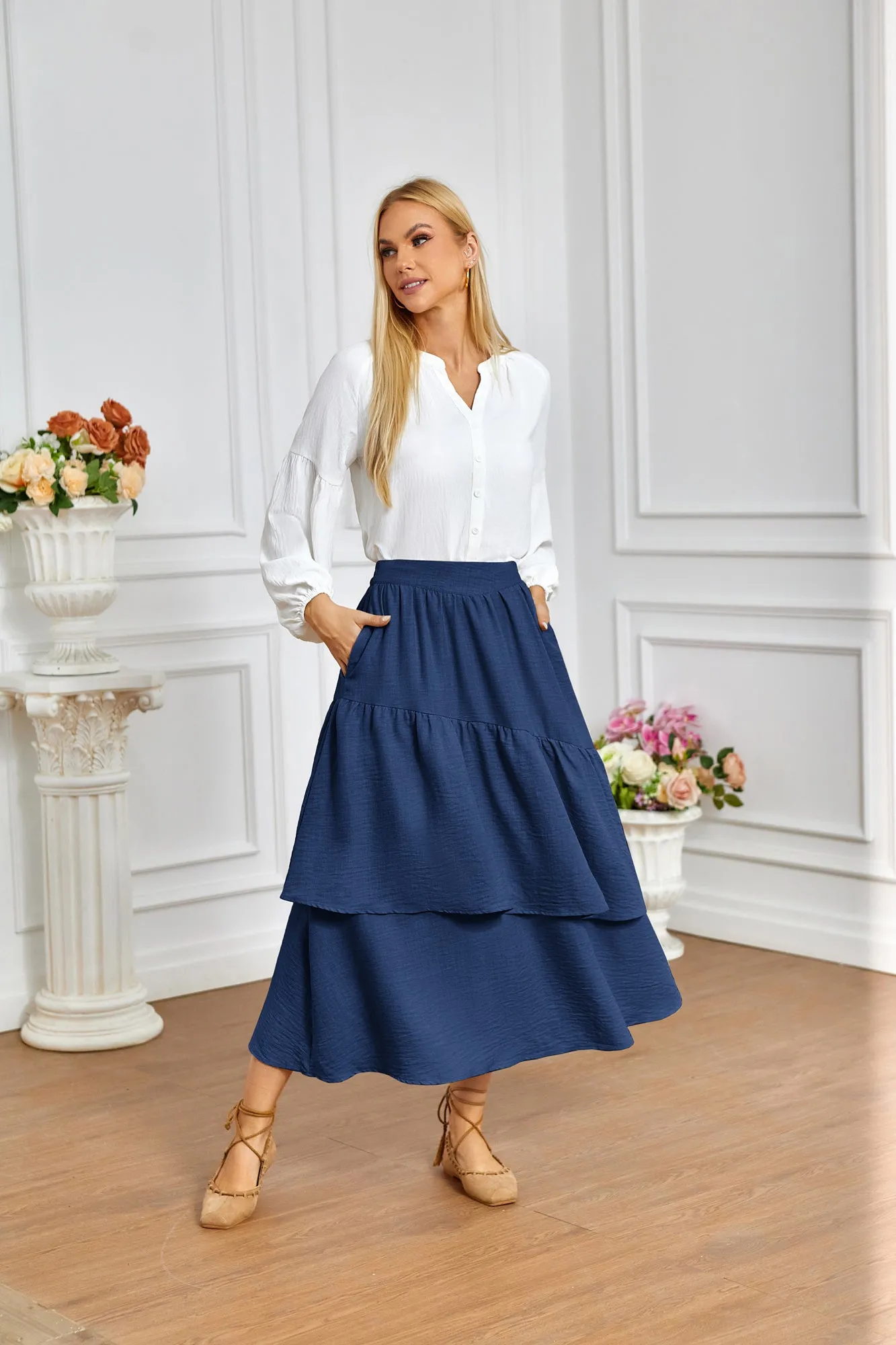 BP Women Vintage 2-Layer Swing Skirt Elastic High Waist Maxi Skirt