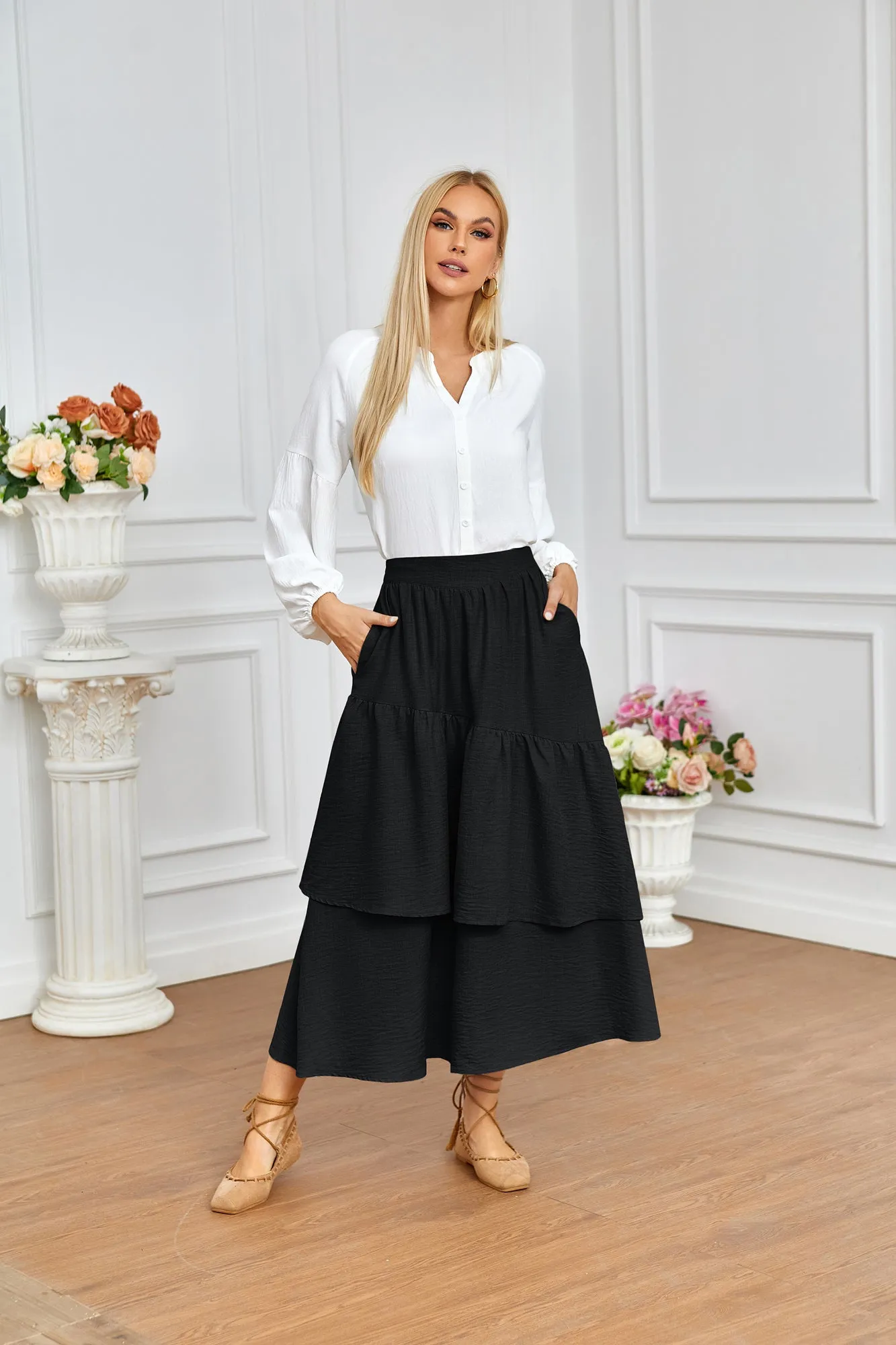 BP Women Vintage 2-Layer Swing Skirt Elastic High Waist Maxi Skirt