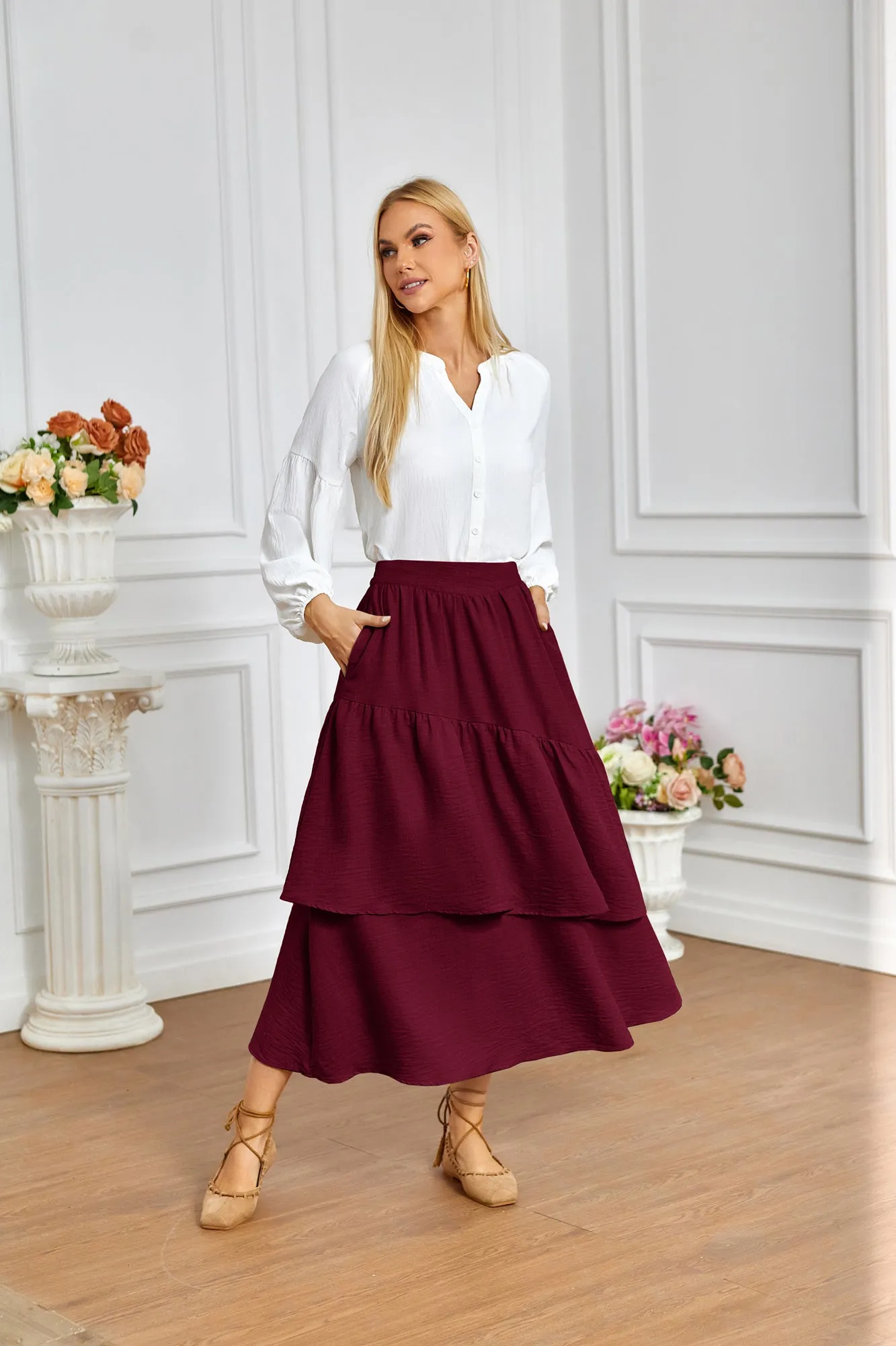 BP Women Vintage 2-Layer Swing Skirt Elastic High Waist Maxi Skirt