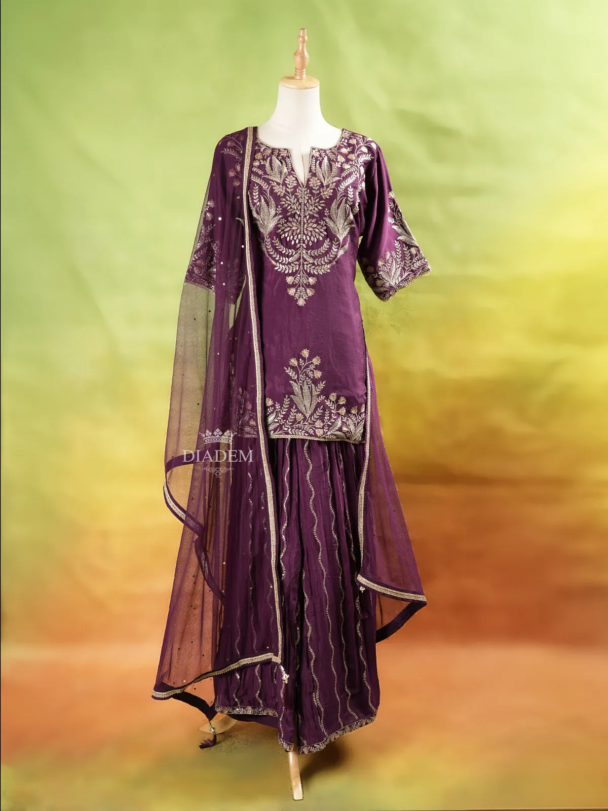 Burgundy Palazzo Suit Adorned with Floral Embroidery With Net Dupatta and 3/4 Sleeve