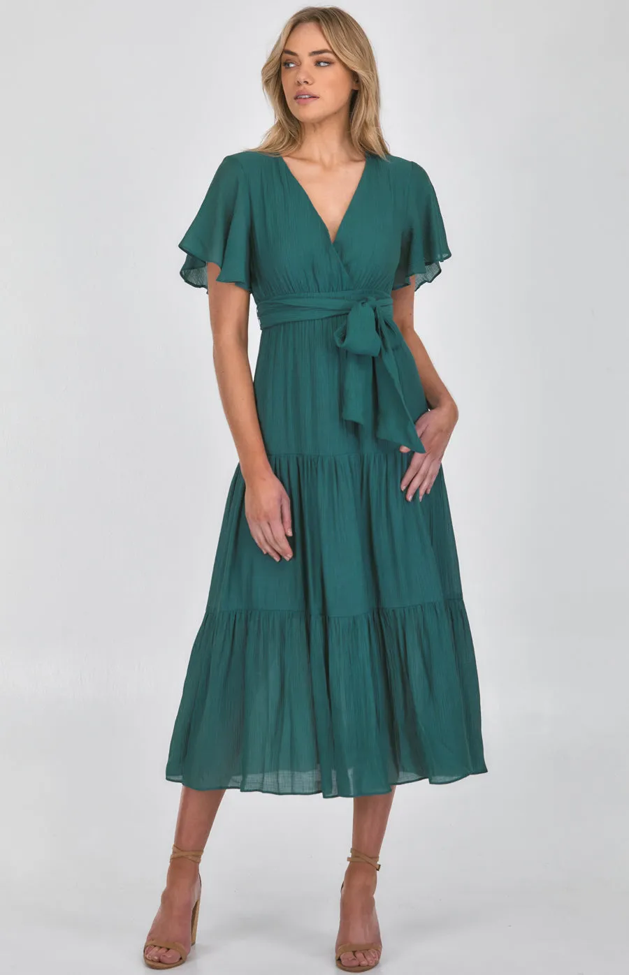 Butterfly Sleeve Shirred Waist Maxi Dress