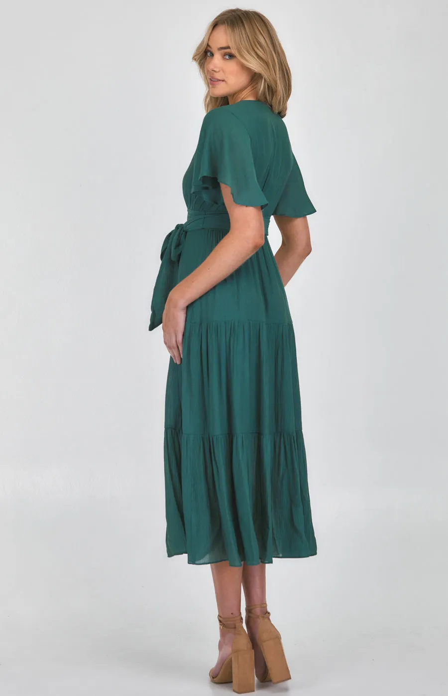 Butterfly Sleeve Shirred Waist Maxi Dress