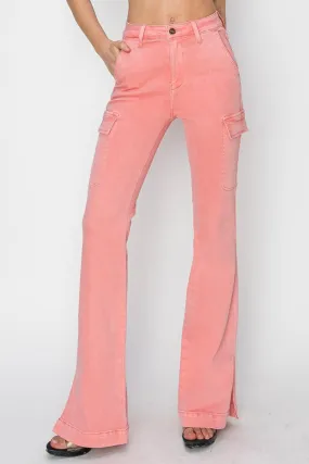 Cargo Bootcut Jeans Pink RISEN High Rise Side Slit Denim Pants