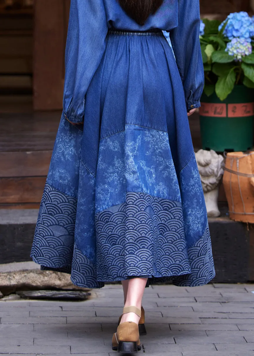 Casual Denim Blue Print Tie Waist Maxi Skirt Summer NN016